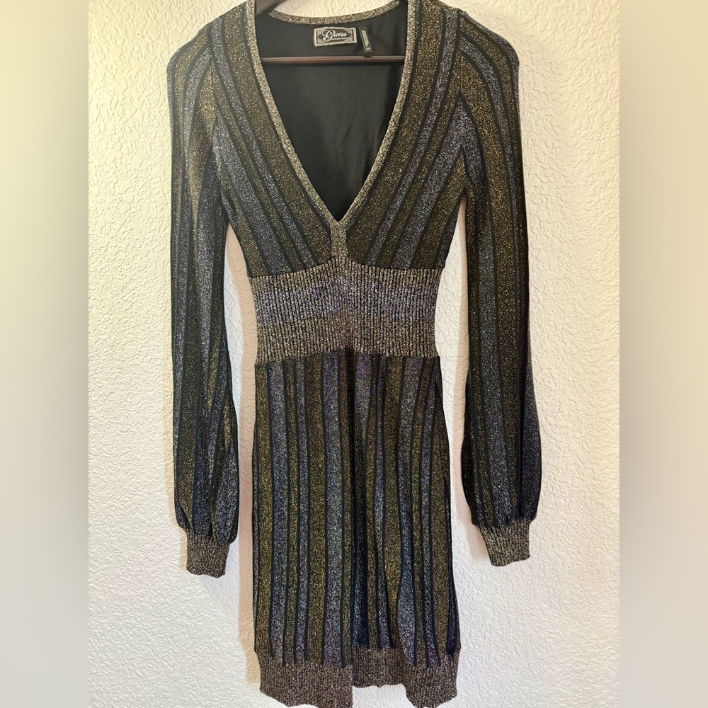 Guess Metallic Gold & Black Y2K Mini Dress | Glam Party Night Out - Picture 2 of 10